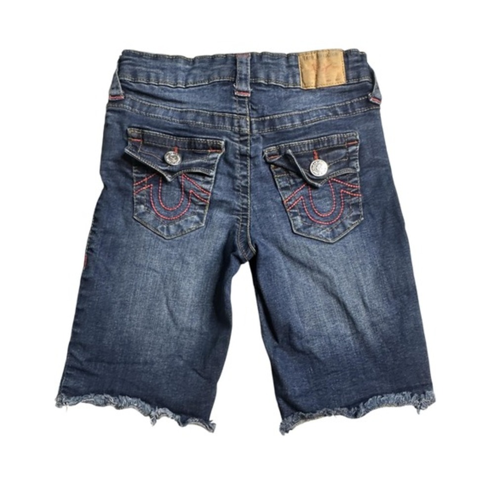True Religion Geno SE Shorts Girls 7 Blue Denim Bermuda Raw Hem Relaxed Slim